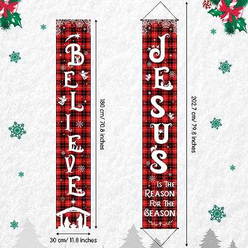 Tiamon Christmas Front Porch Banners Winter Religious Nativity Scene Sign Holiday Hanging Banner Xmas Decoration for Front Door Believe Jesus Is the Reason for the Season 12 x 71 Inch