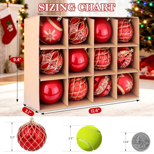 EverMerry Red & Gold Christmas Ornaments Set 12-Pack - 3.1 Inch Holiday Balls with Variety