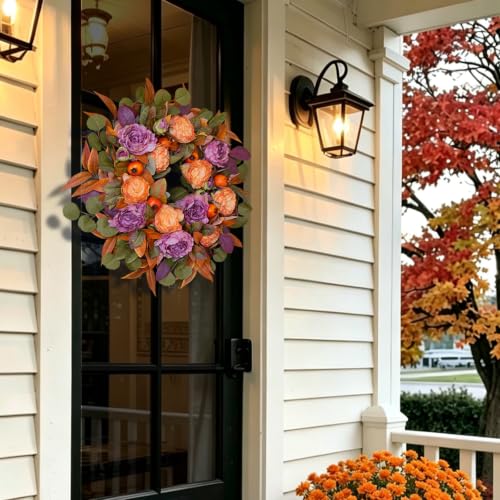 24 Inch Fall Wreath for Front Door with Orange & Purple Peony - Autumn Decor