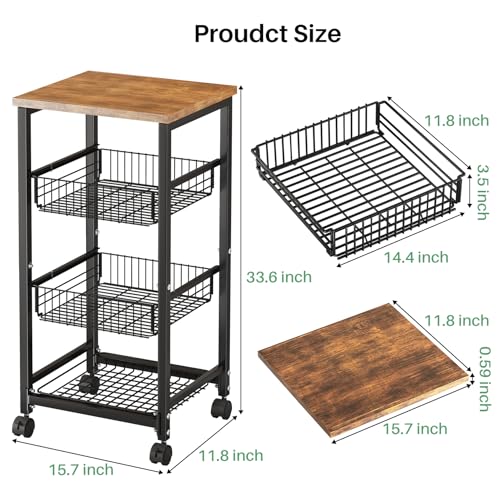 Fruit Basket Stand with Pull-Out Vegetable Baskets - 11.8"D x 15.7"W x 33.7"H, Black