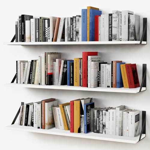 White Floating Wall Shelf - 36 x 8 Inches Rustic Wooden Book Storage with Metal Brackets