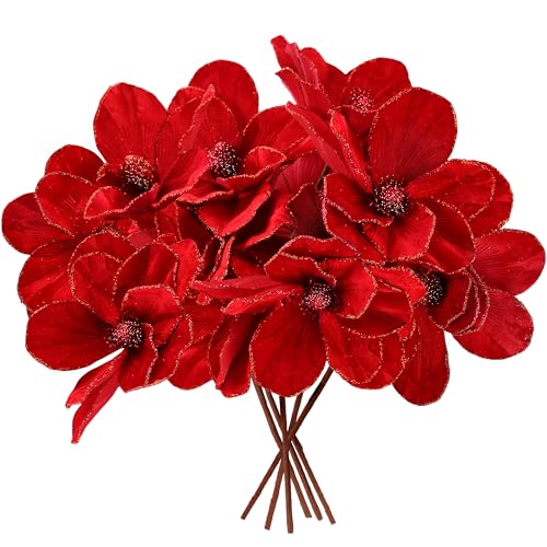 Sggvecsy 10Pcs Red Christmas Glitter Magnolia Flower Ornaments Artificial Poinsettia for Holiday Decor