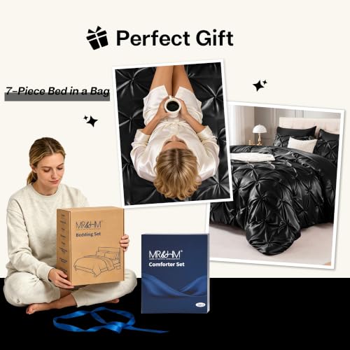 MR&HM Satin Queen Comforter Set Black 7-Piece Bed in a Bag - Pinch Pleat Luxury