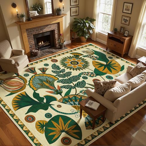 8x10 Beige Floral Area Rug for Living Room & Bedroom - Washable Non-Slip