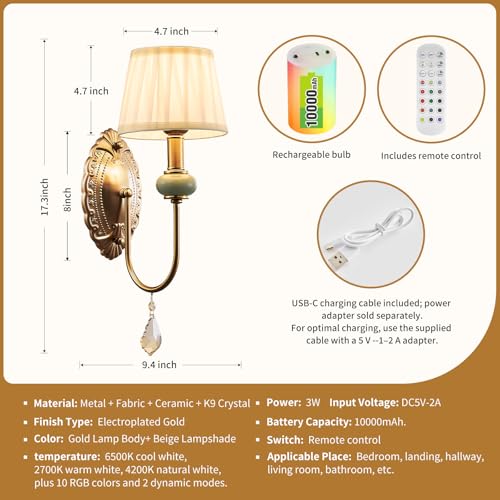 Wireless Antique Brass Wall Sconces Set of 2 with RGB Dimmable LED Bulbs