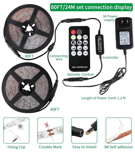 THECHAM 80ft Black Light LED Strip with Remote, Dimmable & Cuttable - Indoor Party & Body Paint Lighting
