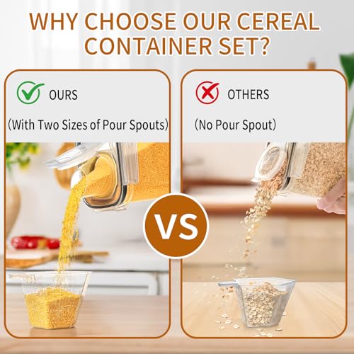 6 Pack Airtight Cereal Containers Set with Lids, Pour Spouts & Labels - 4L