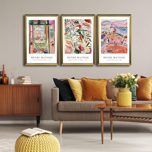 Wieco Art Framed 3-Piece Colorful Matisse Wall Art Set 16x24 inch with Bronze Gold Frames