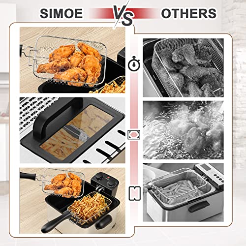 SIMOE 5.3QT Deep Fryer with Basket - 5L Silver, Adjustable Temp & Easy Clean