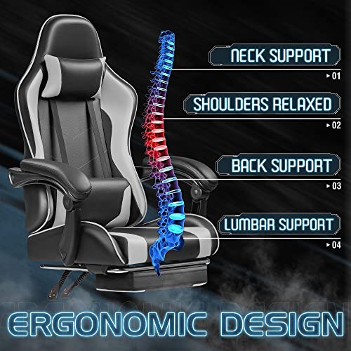 Homall White Gaming Chair with Ergonomic Headrest, Massage Lumbar Support & Footrest