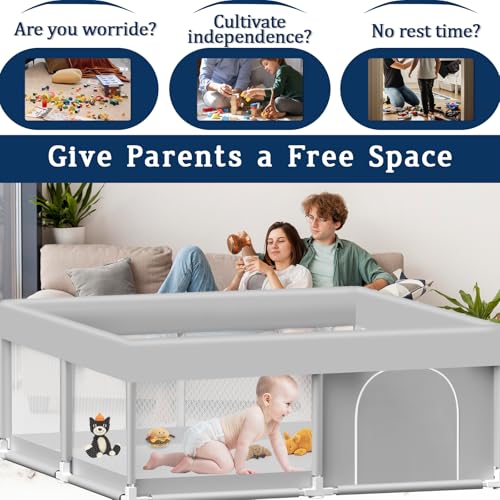 Baby Playpen 50x50 Inch - Grey Toddler Fence Activity Center, No Mat Included