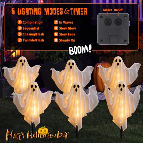 Halloween Ghost Solar Lights Outdoor 6 Pack - Warm White, Weatherproof & Adjustable Arms