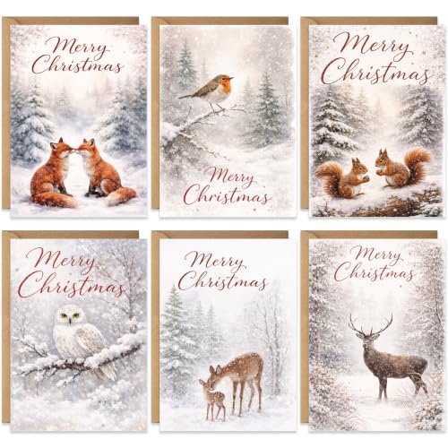 20 Pack Christmas Greeting Cards Bulk Set with Winter Animal Forest Scenes – Eco-Friendly, Made in UK