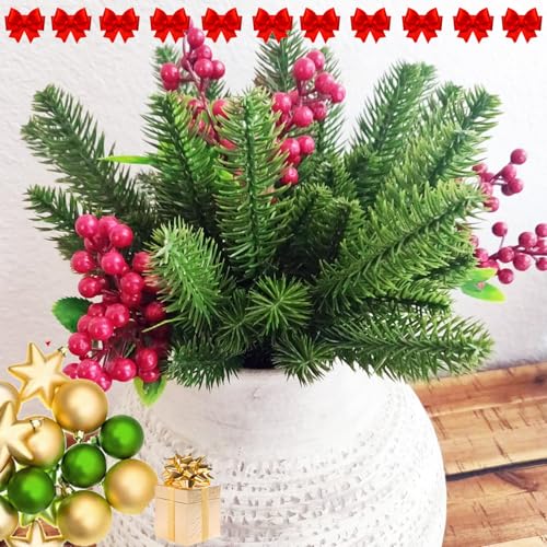 30pcs Artificial Pine Branches Green Plants Needles DIY Accessories Realistic Faux Christmas Greenery Green Plants Pine Picks and Stems for Garland Wreath Christmas and Home Garden Decor