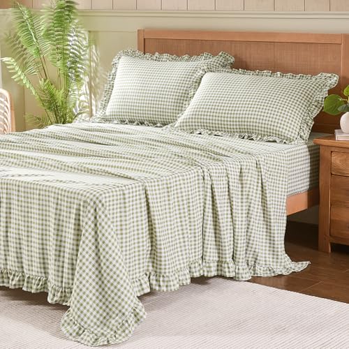 Kisswish Sage Green Gingham Queen Bed Sheet Set with Ruffle Edges, Microfiber, Deep Pocket