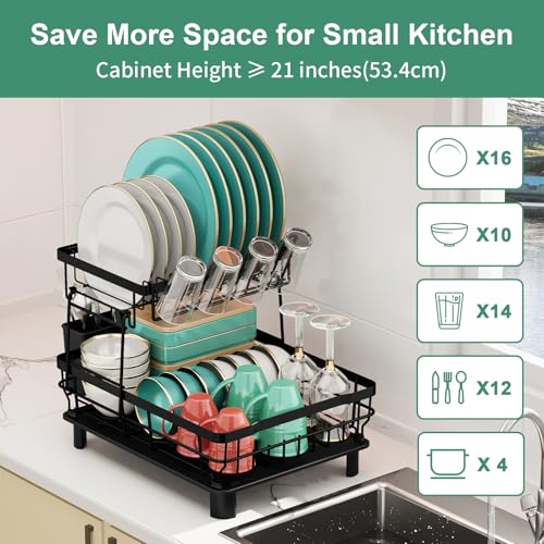 Black 2-Tier Dish Drying Rack with Drainboard for Kitchen Counter, 13''W x 17''L
