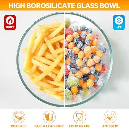 Glass Mixing Bowls with Lids Set of 5 - Transparent - Nesting Kitchen Bowls for Baking Cooking Storage
