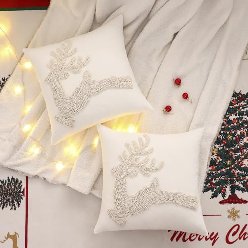 Tosleo Beige Christmas Reindeer Throw Pillow Covers 18x18 Set of 2 - Holiday Decor