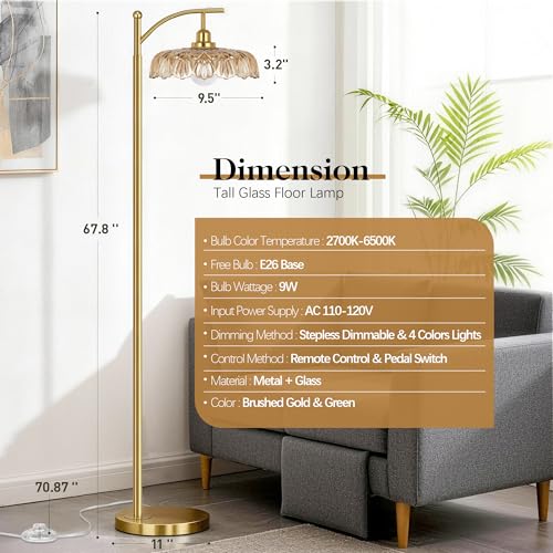 Gold Champagne Floor Lamp for Living Room & Bedroom - Dimmable Mid Century Modern Standing Lamp with Remote & Amber Glass Shade - 68" Tall Vintage Retro Design
