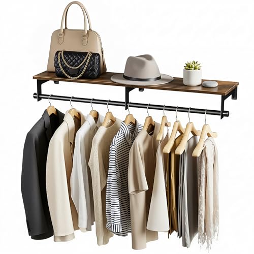Wall Mount Clothes Rack with Wooden Shelf - Black + Brown, 43.3 Inch