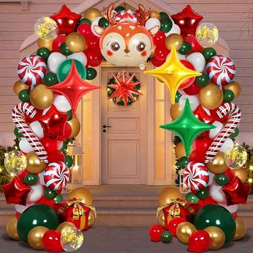 149 PCS Christmas Balloon Garland Arch Kit, Classic Red Green Gold White Latex Christmas Balloons with Gift Box Red Star Candy Cane Foil Balloons for Merry Christmas Party Decorations Supplies