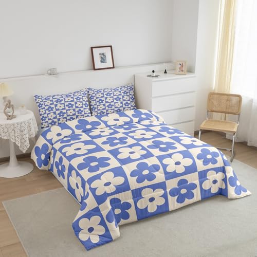 Castle Fairy King Size Bedding Comforter Set Multi 05 — Blue Cream Floral Plaid, 2 Pillowcases