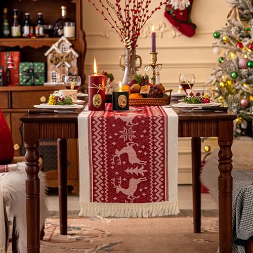 UWWGKK Red 14x119 Inch Elk Christmas Table Runner with Tassel Fringe