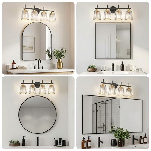 Crystal Bathroom Light Fixtures Over Mirror Black Gold 4-Lights Vanity Wall Sconces with Ceramic E26 Base - Modern Style