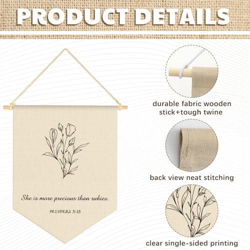 VitalCozy 3 Pcs Nursery Scripture Bible Verse Christian Botanical Decor Canvas Hanging Pennant Flag Banner Wall Sign Decor Gift for Nursery Bedroom Playroom Front Door Baby Kids Girl Boy Birthday Gift