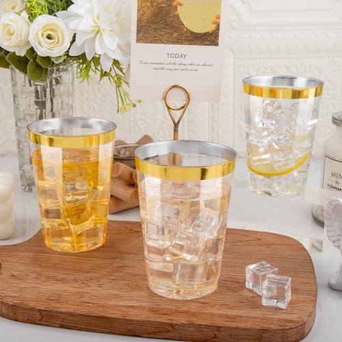 I00000 200 Pack 12 oz Gold Plastic Cups, Premium Rimmed Cups