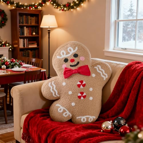 Lanpn Christmas Gingerbread Boy Pillow - Seasonal Decorative Throw Cushion, 15.2x18.3 inch, Soft Fleece, Xmas Home Decor, Variation 01 Boy