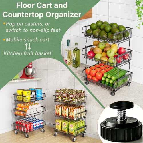 3-Tier Pantry Storage Cart with Upgraded Metal Casters - Black