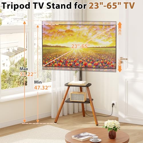 Adjustable Tripod TV Stand for 23-65 Inch Screens with Shelves & Cable Management