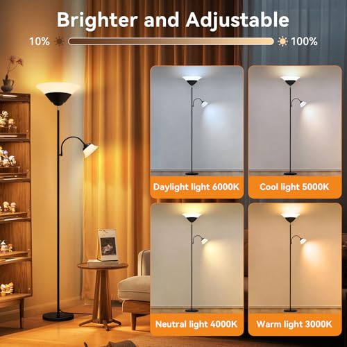 Black 2-in-1 LED Floor Lamp with Remote & Touch Control - Dimmable Reading Light, Adjustable Corner Uplighter & Downlight, 72"