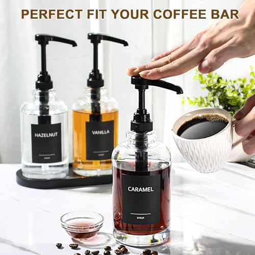ALPIRIRAL Black Coffee Syrup Dispenser Set for Coffee Bar, 16.9 fl oz Glass with Large Pump, Set of 3