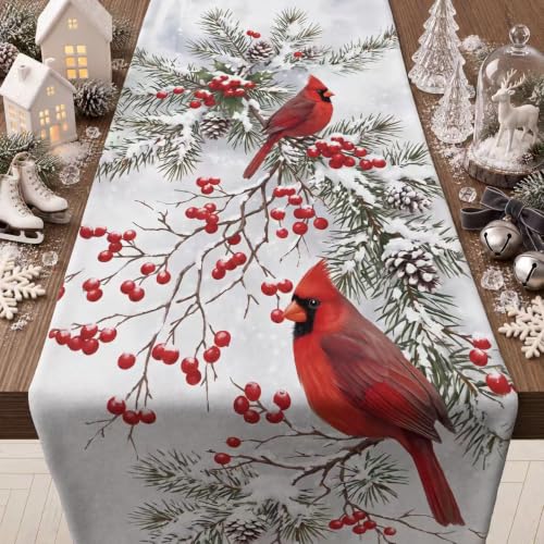 Christmas Decorations - Red Cardinal Bird Winter Pine Branches Table Runner (OHOME) Christmas Cardinal Bird