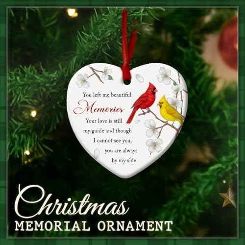 Cardinal Memorial Ornament Heart Shaped - Remembrance Gift for Loss of Loved One - in Memory Keepsake for Mom, Dad, Family - Sympathy Christmas Tree Decoration