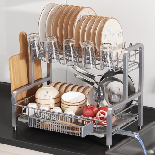 BOOSINY 2-Tier Stainless Steel Dish Drying Rack Silver 12.4"D x 17.1"W x 14.2"H