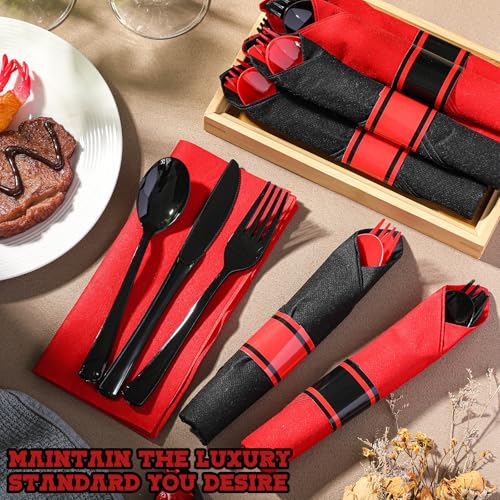 Black and Red Halloween Pre-Rolled Silverware Sets - 30 Disposable Forks, Knives, Spoons & Napkins