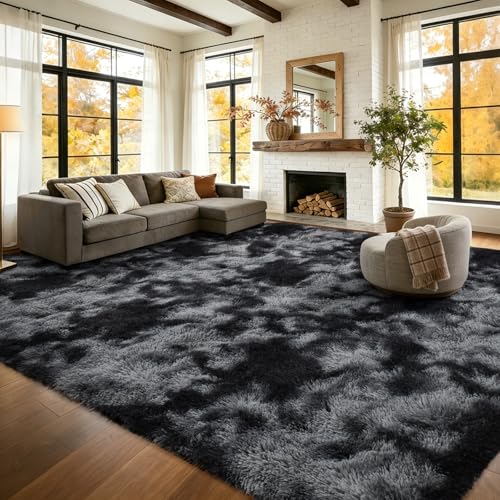 Extra Large Fluffy Tie-Dyed Dark Grey Area Rug 9x12 - Non-Slip Living Room