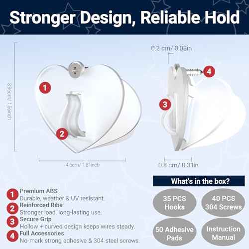 Hooks for Outdoor String Lights Clips ? 35PCS Clear Heavy Duty Hooks with Adhesive & Screw Mounting Options, Waterproof & UV-Resistant for Christmas, Patio, Rope Light Hanging - Heart Shaped