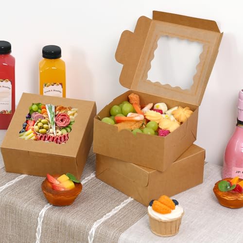 Moretoes 80pcs Brown Bakery Cookie Boxes with Window - 6x6x3 Inches