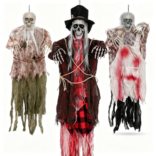 Halloween Hanging Skeleton Decorations Set - Outdoor Indoor Porch Tree Decor, 3 Pack