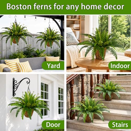 Artificial Hanging Ferns Set - UV Resistant Outdoor Plants for Porch Garden