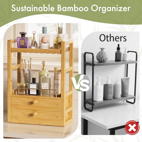 AmazerBath Natural Bamboo 2-Tier Counter Organizer with Drawers, Vanity & Makeup Storage