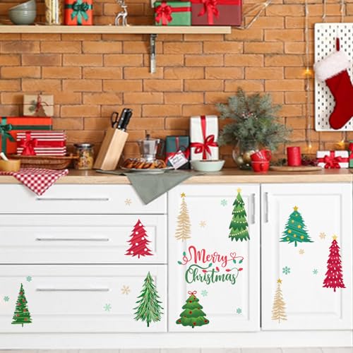 Mfault Merry Christmas Tree Wall Decals Stickers, Xmas Snowflake Decorations Bedroom Art, New Year 2026 Home Kitchen Living Room Decor Winter Holiday Gift