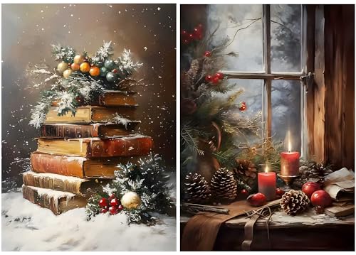 Paint by Number Set 2Pcs Christmas Snow Covered Book Stack & Cozy Window Nook 16x20in - Unframed