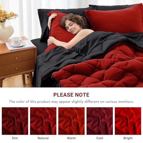 Twin Comforter Set 5-Piece Reversible Bed in a Bag - Red & Black, 68x88