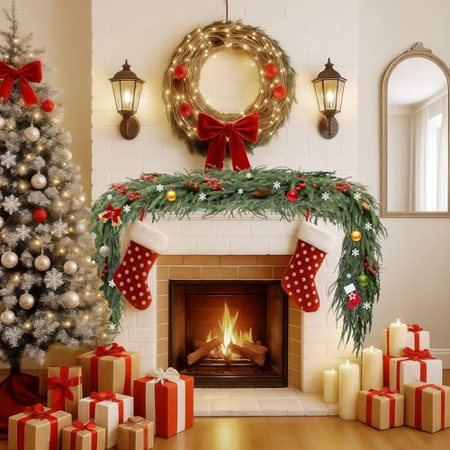 Bribay 6FT Norfolk Pine Artificial Christmas Garland Winter Decor - Layered with Berries