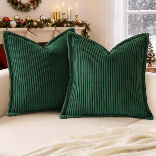 Mecatny 18x18 Corduroy Throw Pillow Covers, Set of 2, Christmas Green with Flange